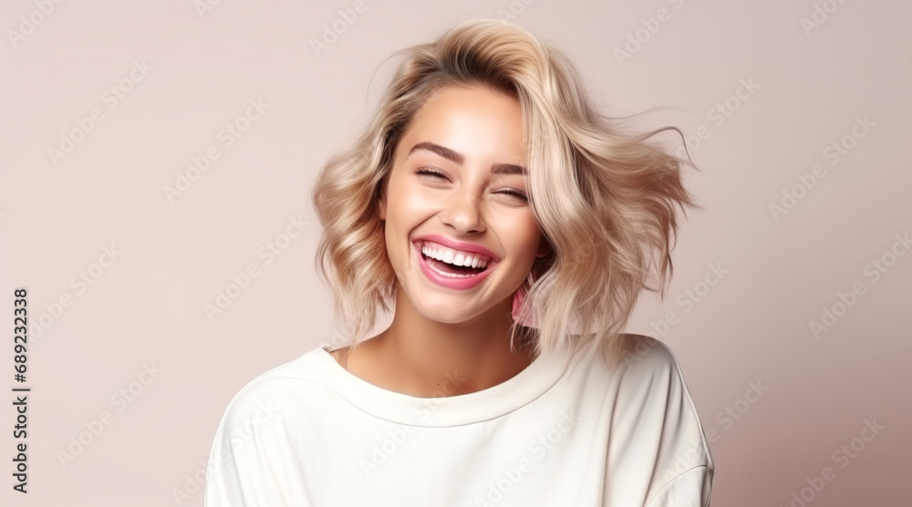 Portrait of young happy woman. Skin care beauty, skincare cosmetics, dental concept. Isolated over bright pink background.