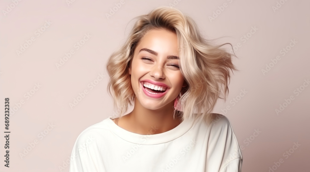 Portrait of young happy woman. Skin care beauty, skincare cosmetics, dental concept. Isolated over bright pink background. Portrait of young happy woman. Skin care beauty, skincare cosmetics, dental concept. Isolated over bright pink background.