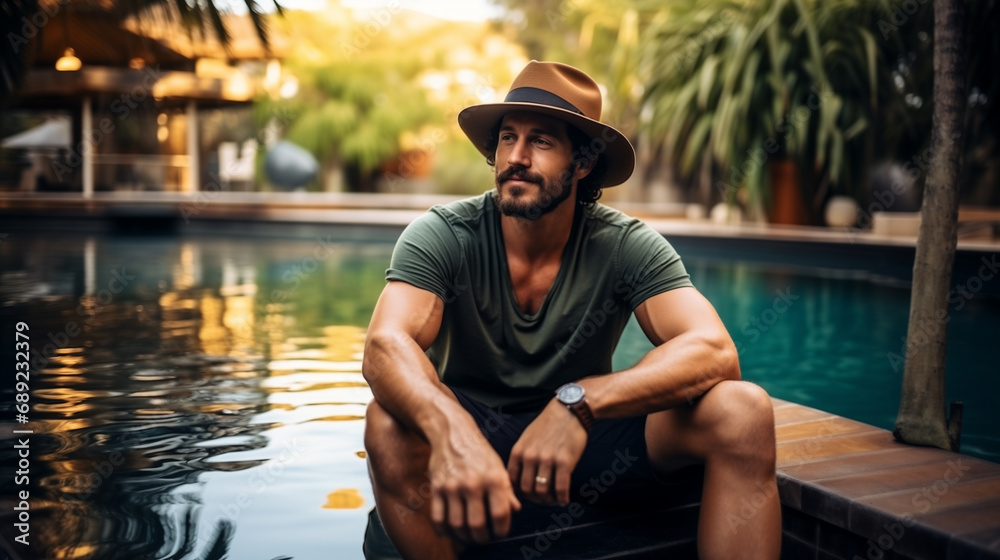 An attractive man sitting in a pool, wearing a hat looking to the side