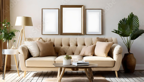 Frames mockup, beige couch and frames mockup, living room photo mockup, picture frame template © Noor