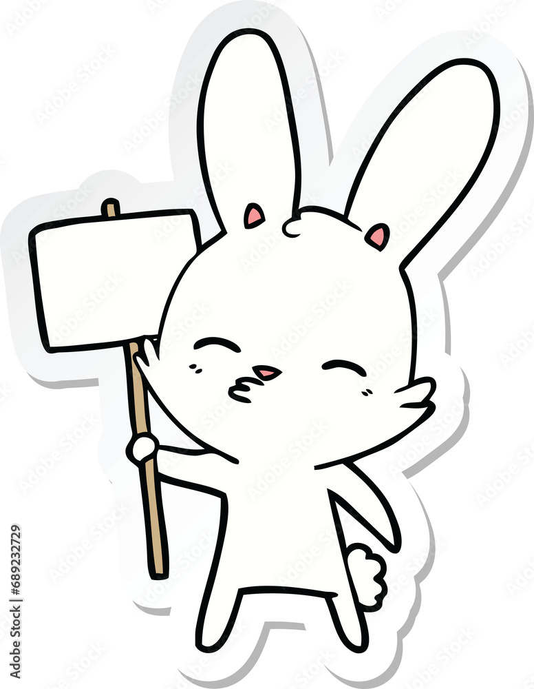 sticker of a curious bunny cartoon with placard sticker of a curious bunny cartoon with placard