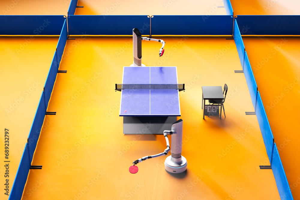 Advanced Robotic Arm Engaged in Competitive Table Tennis Match - obrazy, fototapety, plakaty 