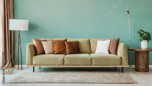 Light green sofa with brown and beige pillows against wall with copy space. Scandinavian home design