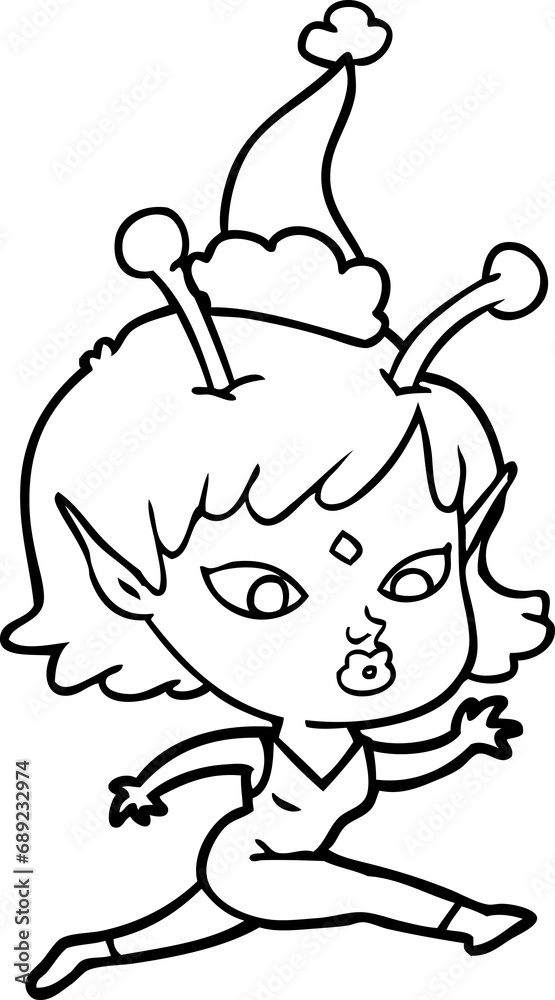 pretty hand drawn line drawing of a alien girl running wearing santa hat pretty hand drawn line drawing of a alien girl running wearing santa hat