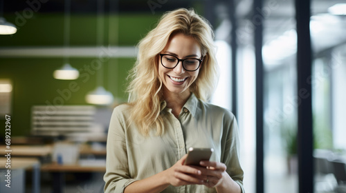 Smiling woman wearing glasses is looking at her phone in a modern office
