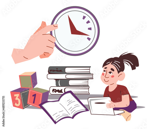 Children's schedule, time to study concept, hand pointing at clock to girl playing on a laptop, flat vector illustration isolated on white. Child stops playing gadgets and starts doing homework.