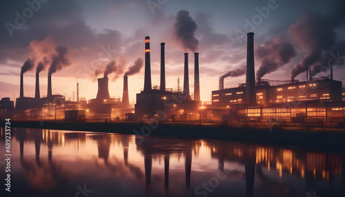 Factory of industry in dramatic sunset over industrial area with smoke from chimneys, post-apocalyptic scene created with generative ai