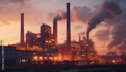 Factory of industry in dramatic sunset over industrial area with smoke from chimneys, post-apocalyptic scene created with generative ai