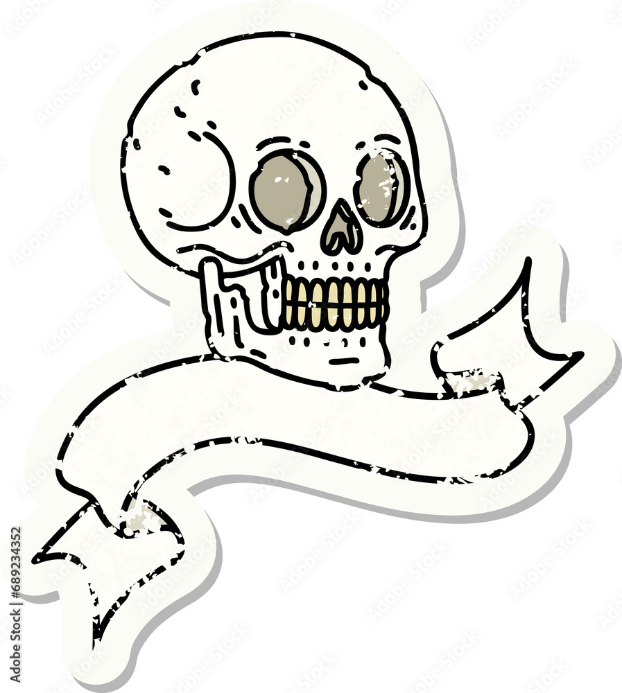 worn old sticker with banner of a skull worn old sticker with banner of a skull