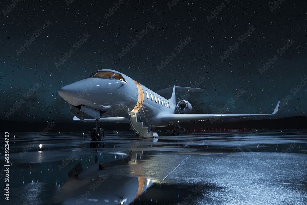 Luxury Private Aircraft Poised on Illuminated Rainy Runway at Night - obrazy, fototapety, plakaty 