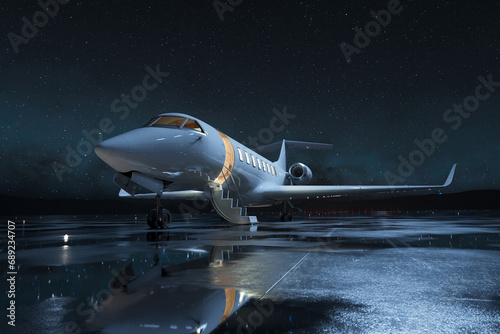 Obraz na płótnie Luxury Private Aircraft Poised on Illuminated Rainy Runway at Night w salonie