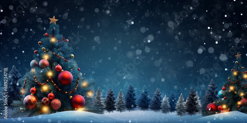 Christmas tree with christmas balls  surrounded with snow and christmas decorations. Christmas background