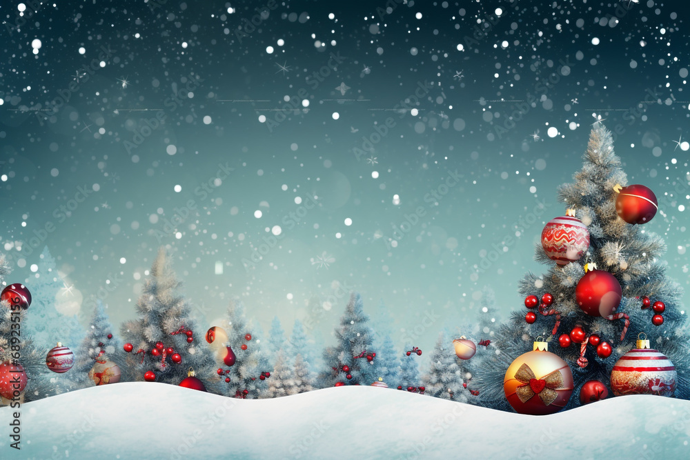 Christmas tree with christmas balls, surrounded with snow and christmas decorations. Christmas background Christmas tree with christmas balls, surrounded with snow and christmas decorations. Christmas background