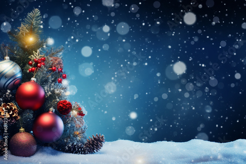Christmas tree with christmas balls, surrounded with snow and christmas decorations. Christmas background