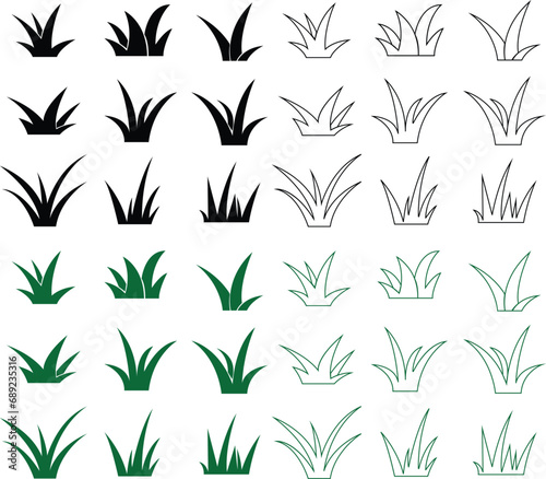 Fototapeta Naklejka Na Ścianę i Meble -  Flat Lawn grass Icons Set. Cartoon of plants and shrub for boarding and framing, eco and organic logo elements. Spring field planting shape lawn or garden editable stock on Transparent background.