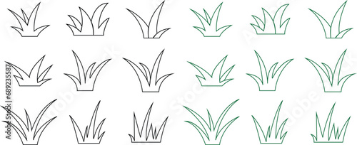 Line Lawn grass Icons Set. Cartoon of plants and shrub for boarding and framing, eco and organic logo elements. Spring field planting shape lawn or garden editable stock, Transparent background.