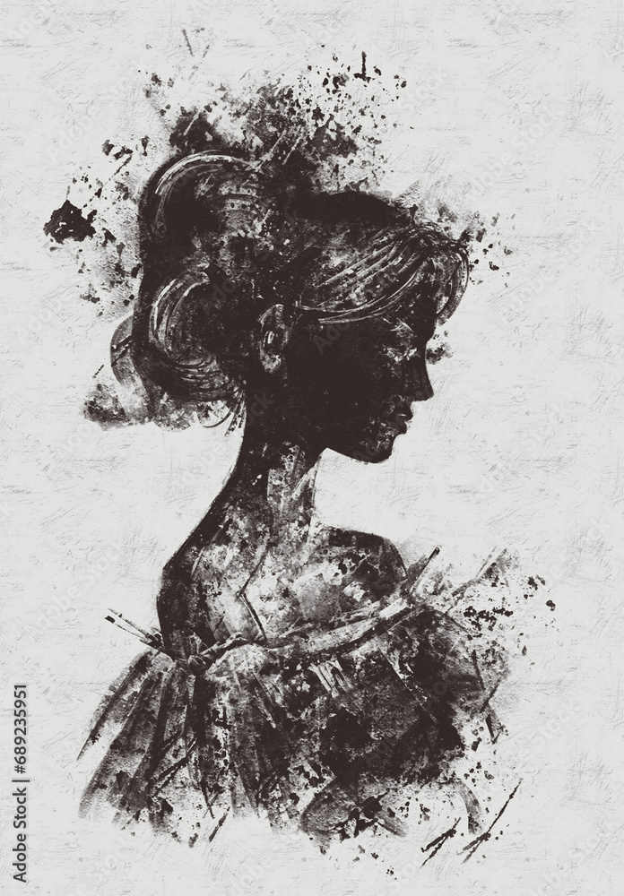 Fototapeta premium silhouette of a girl in a light dress, high hairstyle, girl with cameo, open shoulders