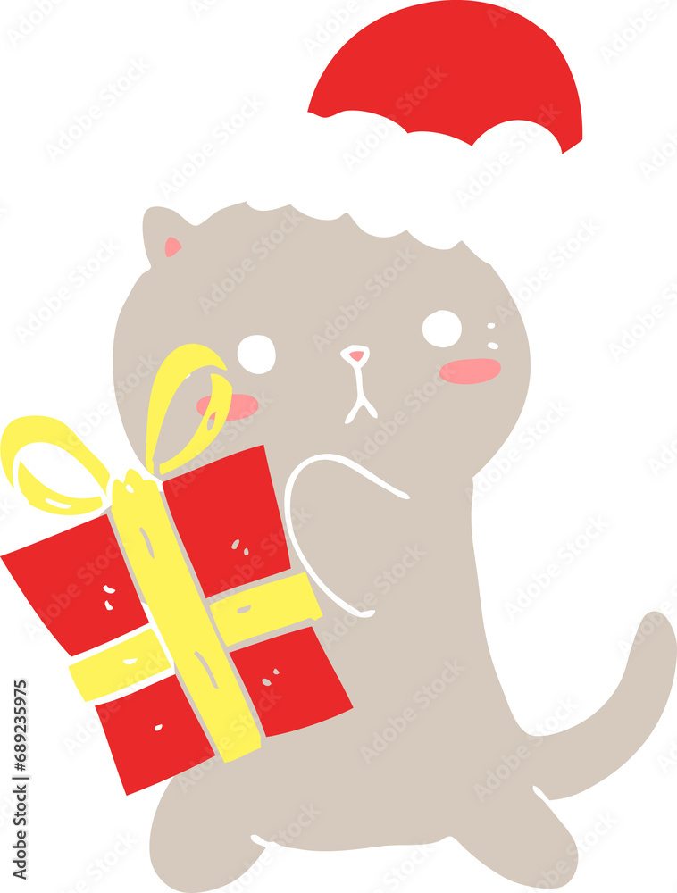 cute flat color style cartoon cat carrying christmas present