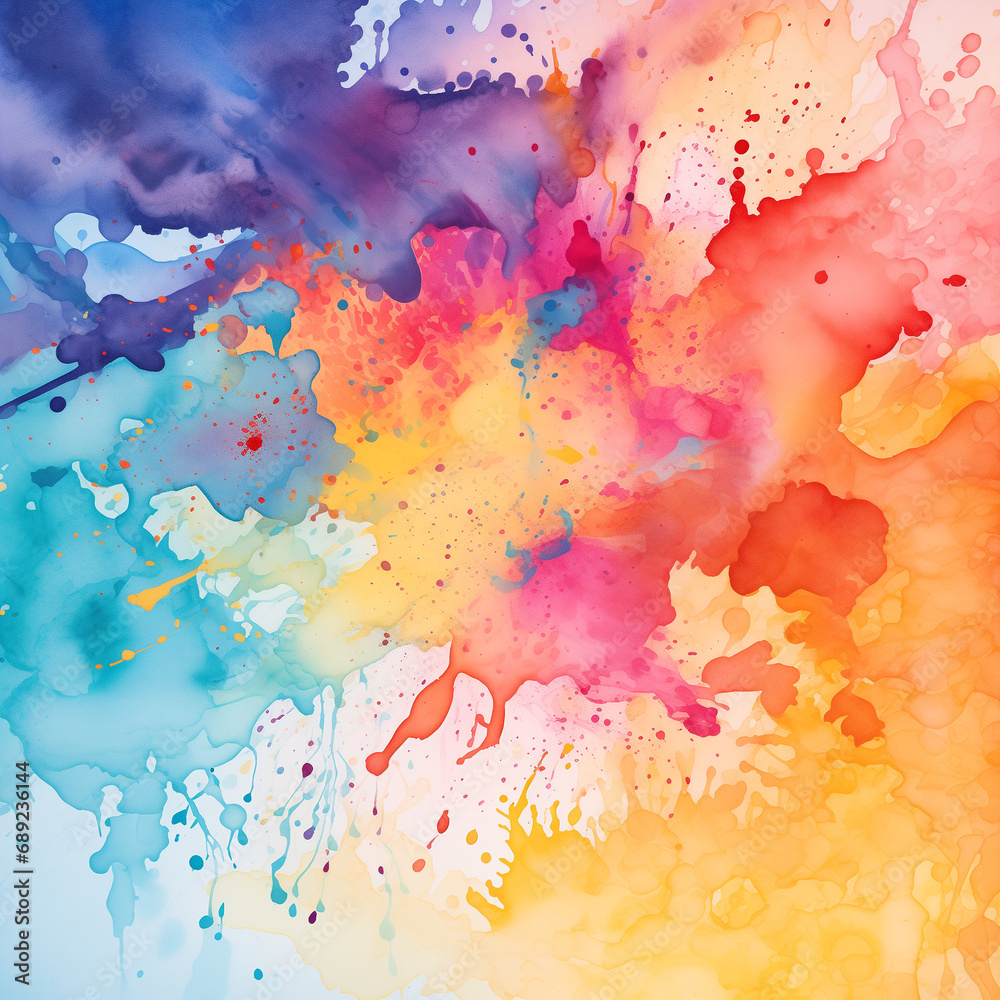  Explosive watercolor fusion of vibrant blue, red, and yellow hues with dynamic splashes and droplets, creating an abstract, playful composition