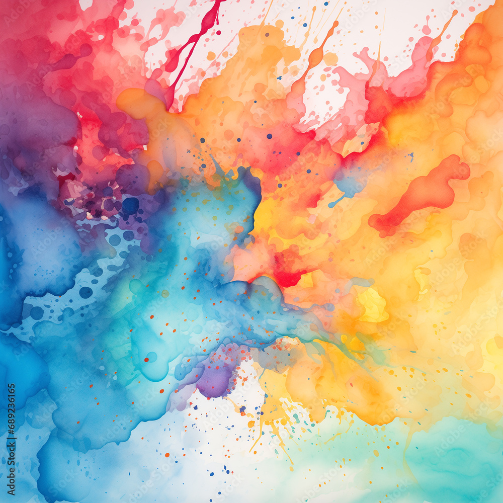  Explosive watercolor fusion of vibrant blue, red, and yellow hues with dynamic splashes and droplets, creating an abstract, playful composition