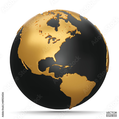 3D gold and black Earth Globes with shadow on white background. Golden Modern world map. World planet. Travel around the world, Earth Day, or environment conservation concept. 3D vector illustration.