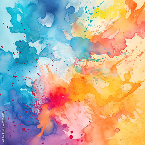  Explosive watercolor fusion of vibrant blue, red, and yellow hues with dynamic splashes and droplets, creating an abstract, playful composition