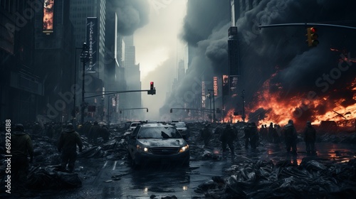 A post-apocalyptic ruined city. Destroyed buildings and burnt-out vehicles.