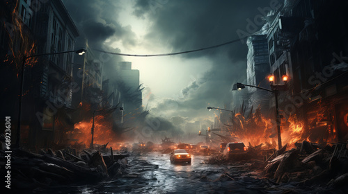 A post-apocalyptic ruined city. Destroyed buildings  burnt-out vehicles and ruined roads.