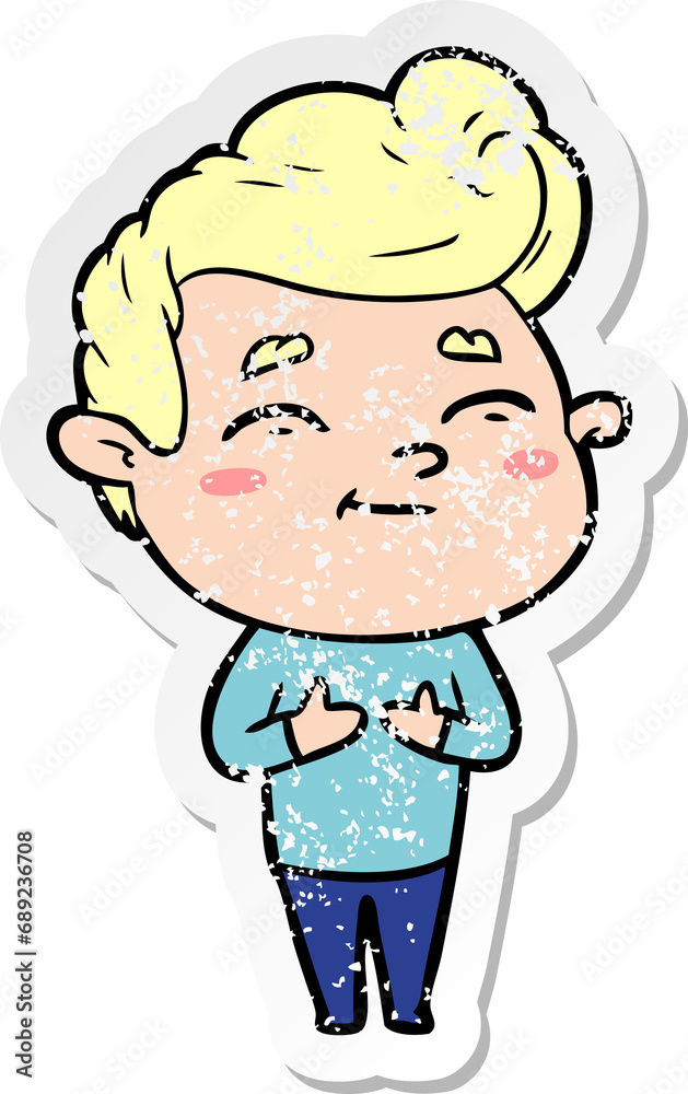 distressed sticker of a happy cartoon man distressed sticker of a happy cartoon man