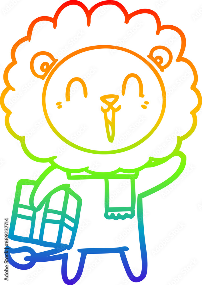 rainbow gradient line drawing of a laughing lion cartoon with christmas present rainbow gradient line drawing of a laughing lion cartoon with christmas present