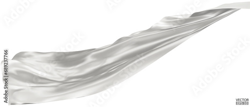 Flying white silk textile fabric flag background. Smooth elegant white Satin Isolated on white Background for grand opening ceremony. White curtain. 3d vector illustration
