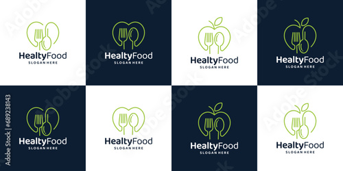 Collection of health food logo design template. heart love logo with leaf fork design graphic vector. Symbol, icon, creative.