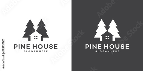 Pine tree logo design template with house building design graphic vector illustration. Symbol, icon, creative.
