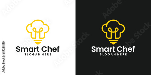 Smart chef logo design template. Chef hat logo with light bulb with line style design graphic vector illustration. Symbol, icon, creative.