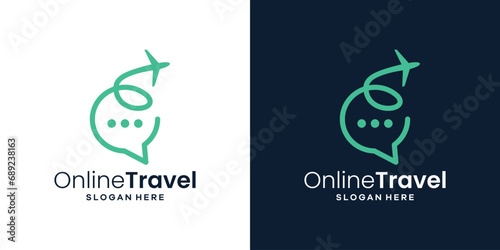 Online travel logo design template. Chat bubble logo with plane design graphic vector illustration. Symbol, icon, creative.