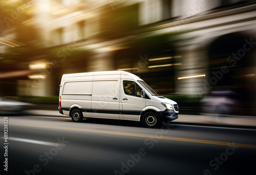 White van on the road with motion blur background. Blurred image.