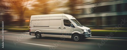 White commercial delivery van on the road in motion blur. Blurred background. photo