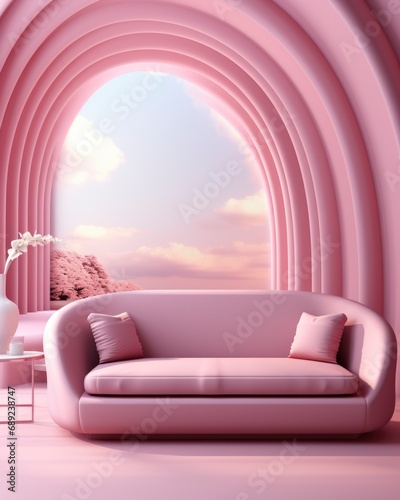 interior with sofa and plants in pink colors. house design, luxury lifestyle, relax and holiday concept. © Анна Мартьянова