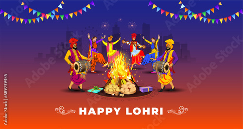 Indian Lohri festival banner poster creative. Punjabi sikh dancing around bone fire on lohri festival.