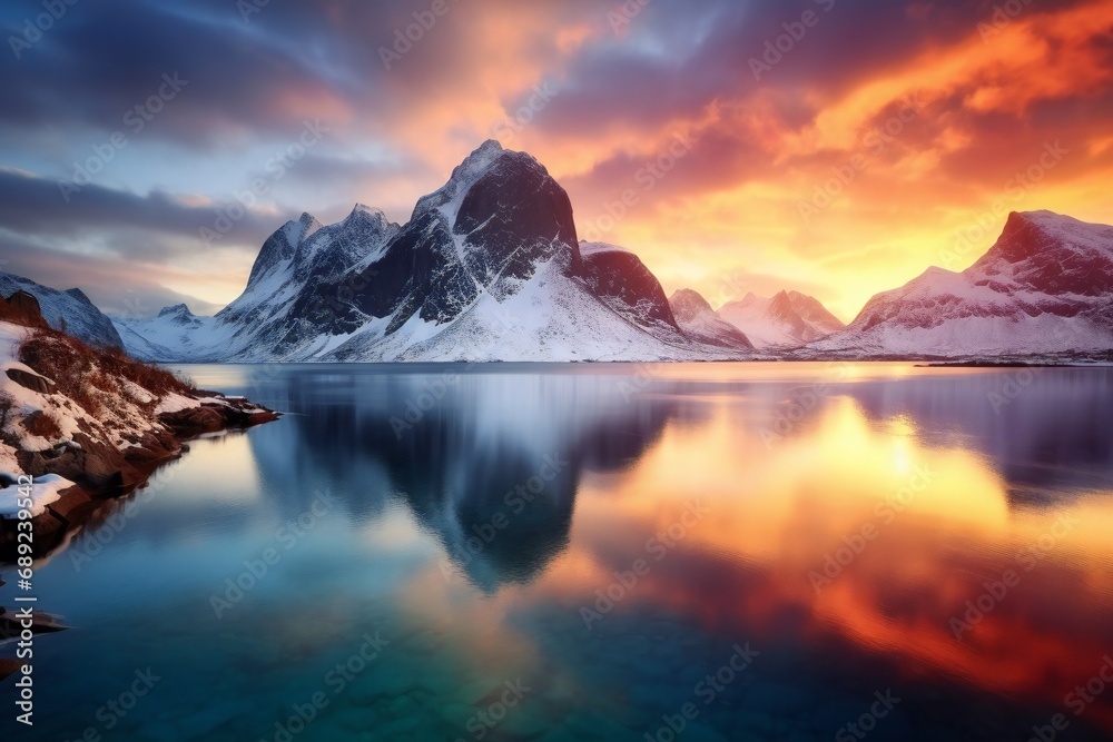 Beautiful landscape with blue sea. snowy mountains. rocks and islands sunrise. islands in Norway. - obrazy, fototapety, plakaty 