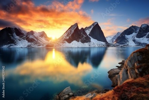 Beautiful landscape with blue sea. snowy mountains. rocks and islands sunrise. islands in Norway. photo