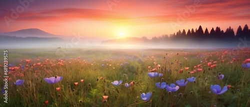 Sunrise background of foggy meadows, flowers. Nature background. Flower background.