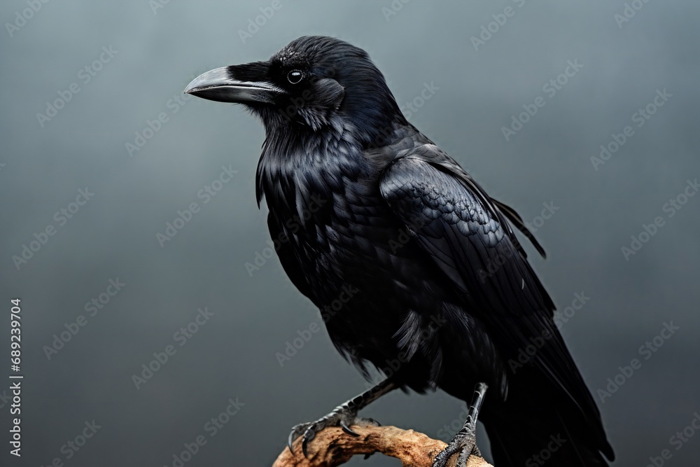 Fototapeta premium Black crow bird on a grey background. Black feathers. Black raven