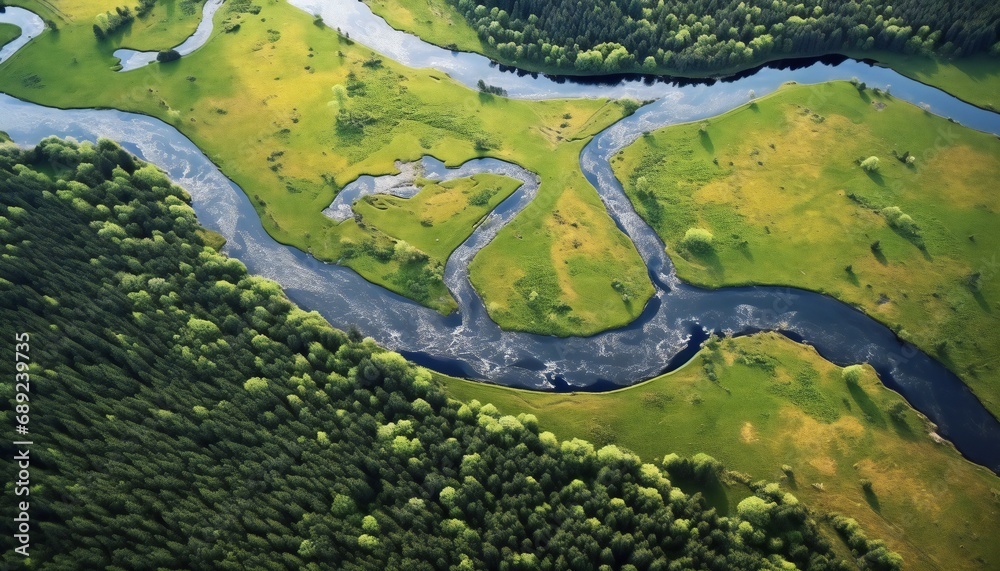 Aerial shot of the beautiful river among the green hills Aerial shot of the beautiful river among the green hills
