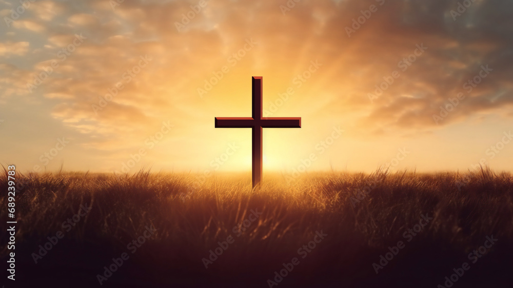 Christian cross on field outdoors at sunrise. Resurrection of Jesus