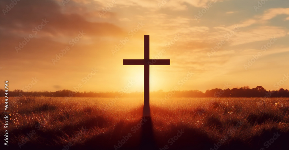 Christian cross on field outdoors at sunrise. Resurrection of Jesus