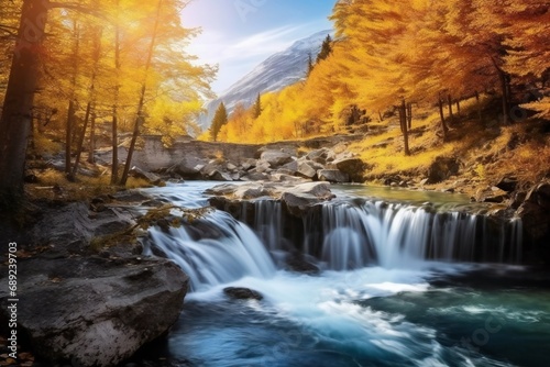 Beautiful landscape rapids on a mountains river in autumn forest. Waterfall among the mossy rocks