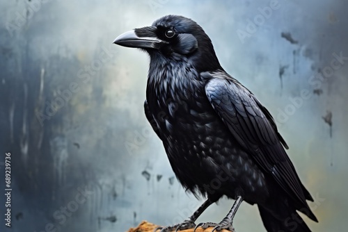 Black crow bird on a grey background. Black feathers. Black raven photo