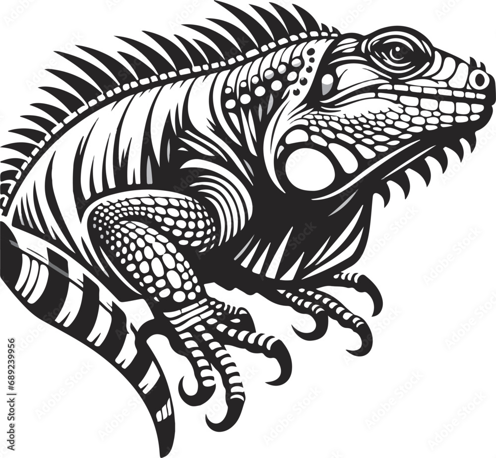 Scaly iguana in black and white illustration