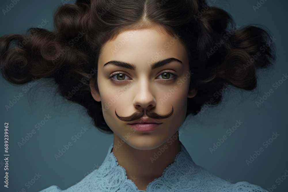Fototapeta premium Trendy 19th century portrait of a woman with a thick brown mustache in a vintage dress